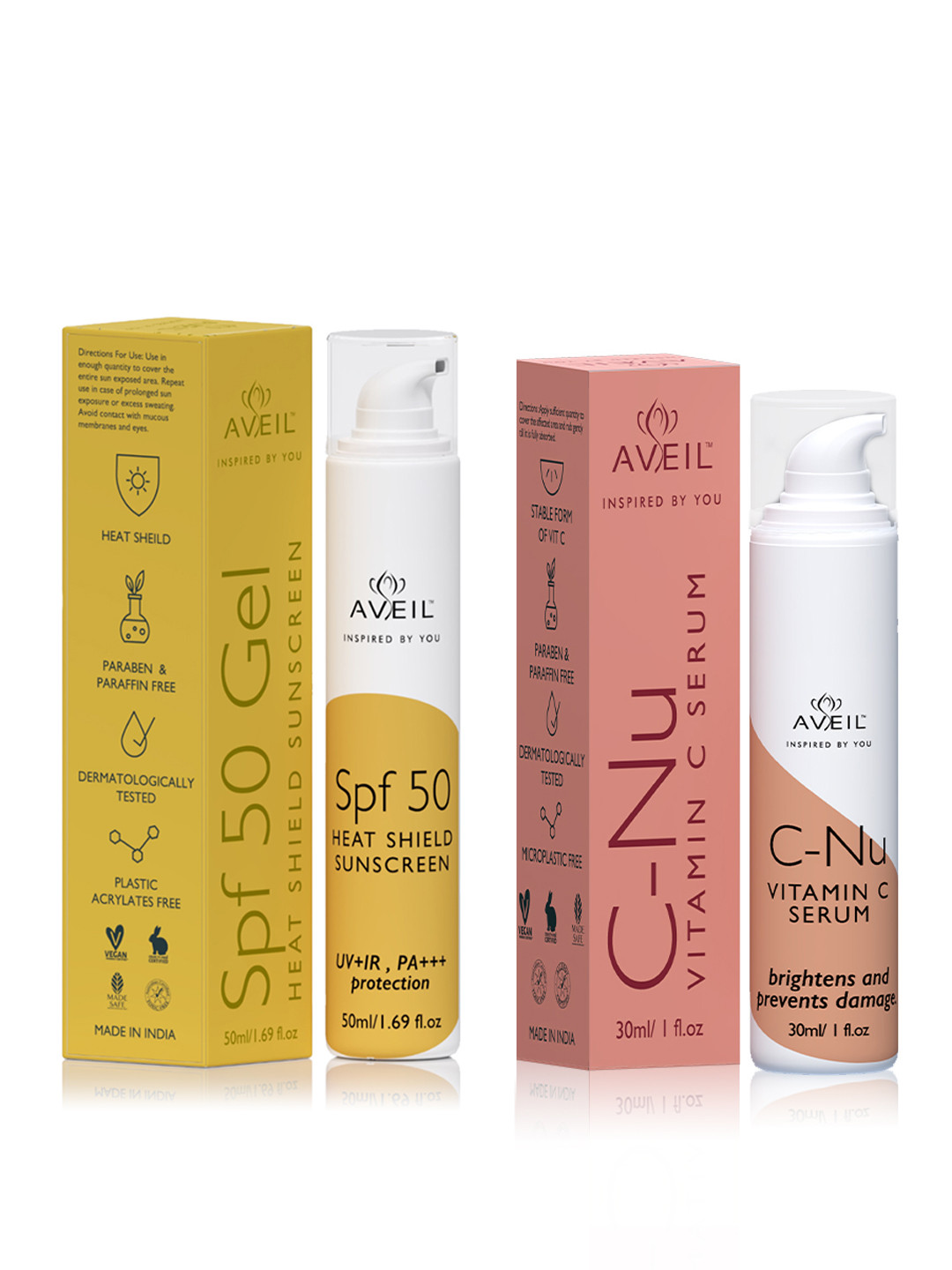 AVEIL Combo of C-Nu Vitamin C Serum 30 ml & Heat Shield SPF 50 Gel Sunscreen