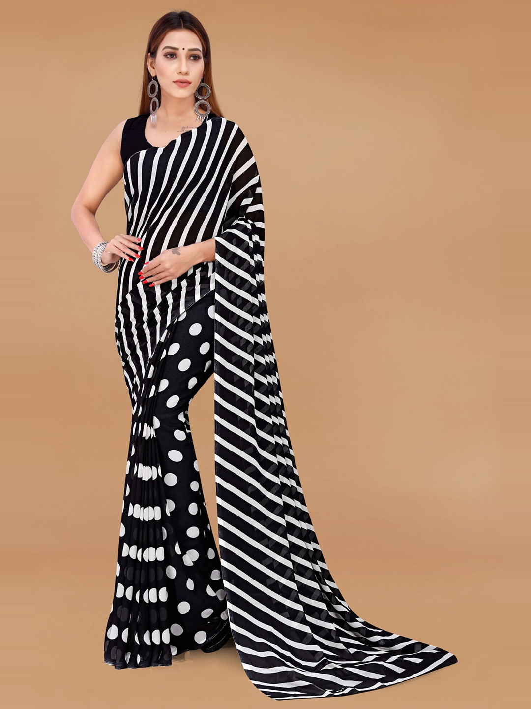 Moda Rapido Polka Dots and Striped Printed Saree With Blouse Piece
