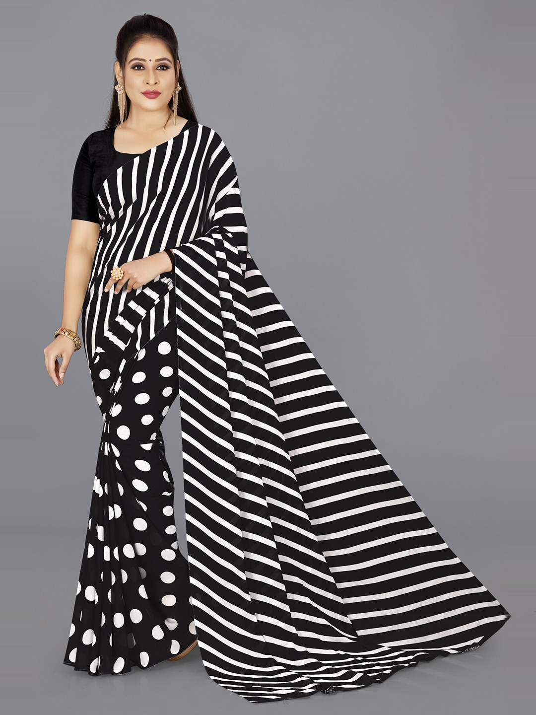 Moda Rapido Polka Dots & Striped Saree With Blouse Piece