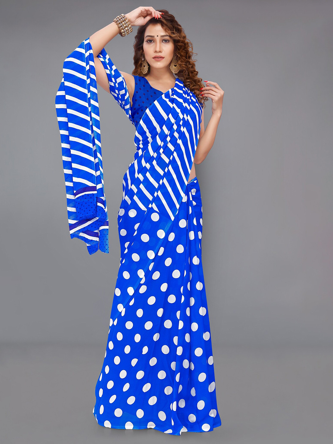 Moda Rapido Polka Dot and Striped Print Saree With Blouse Piece
