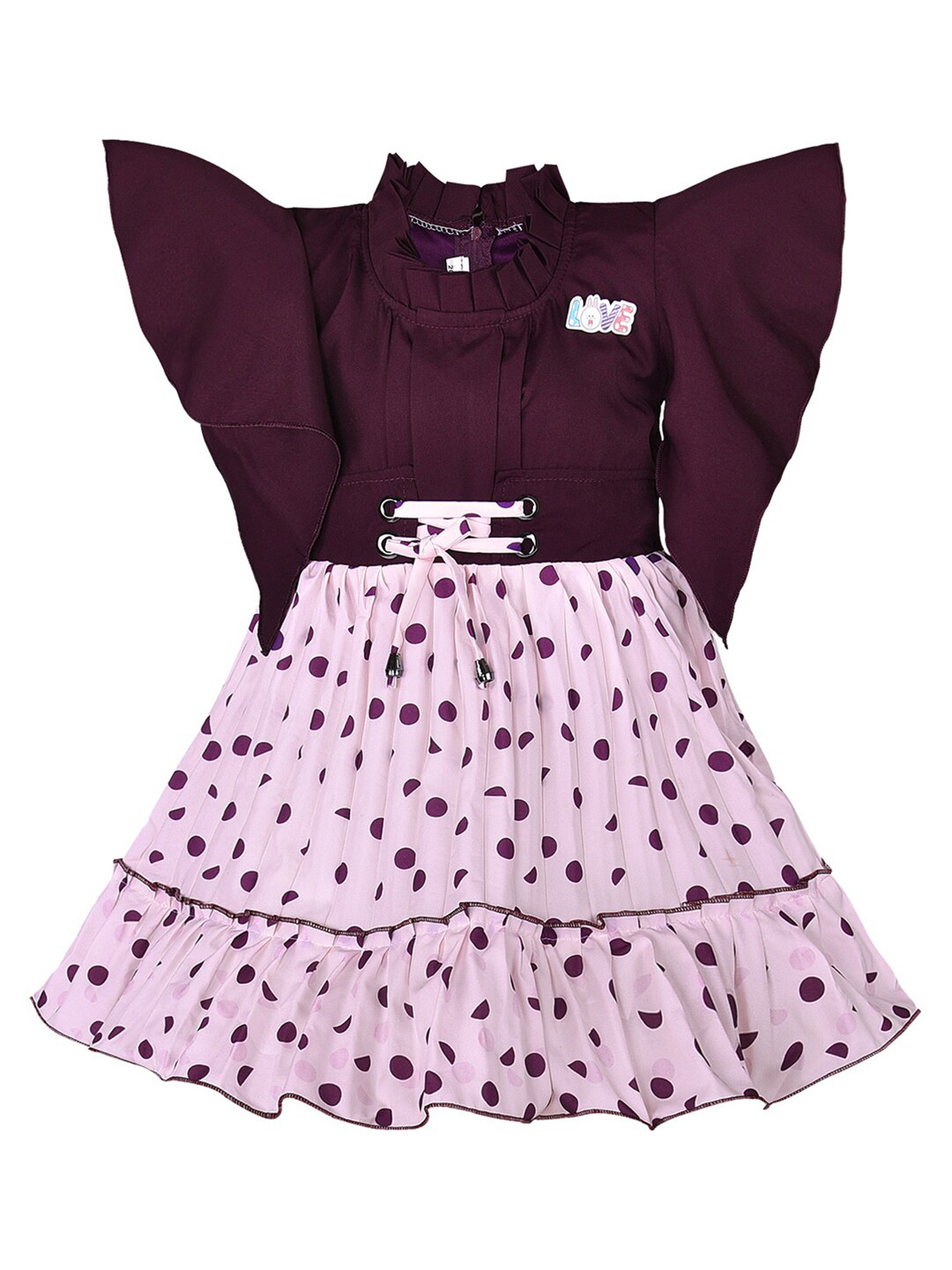 Wish Karo Girls Polk Dot Printed Flared Sleeve Pleated Georgette Fit & Flare Dress