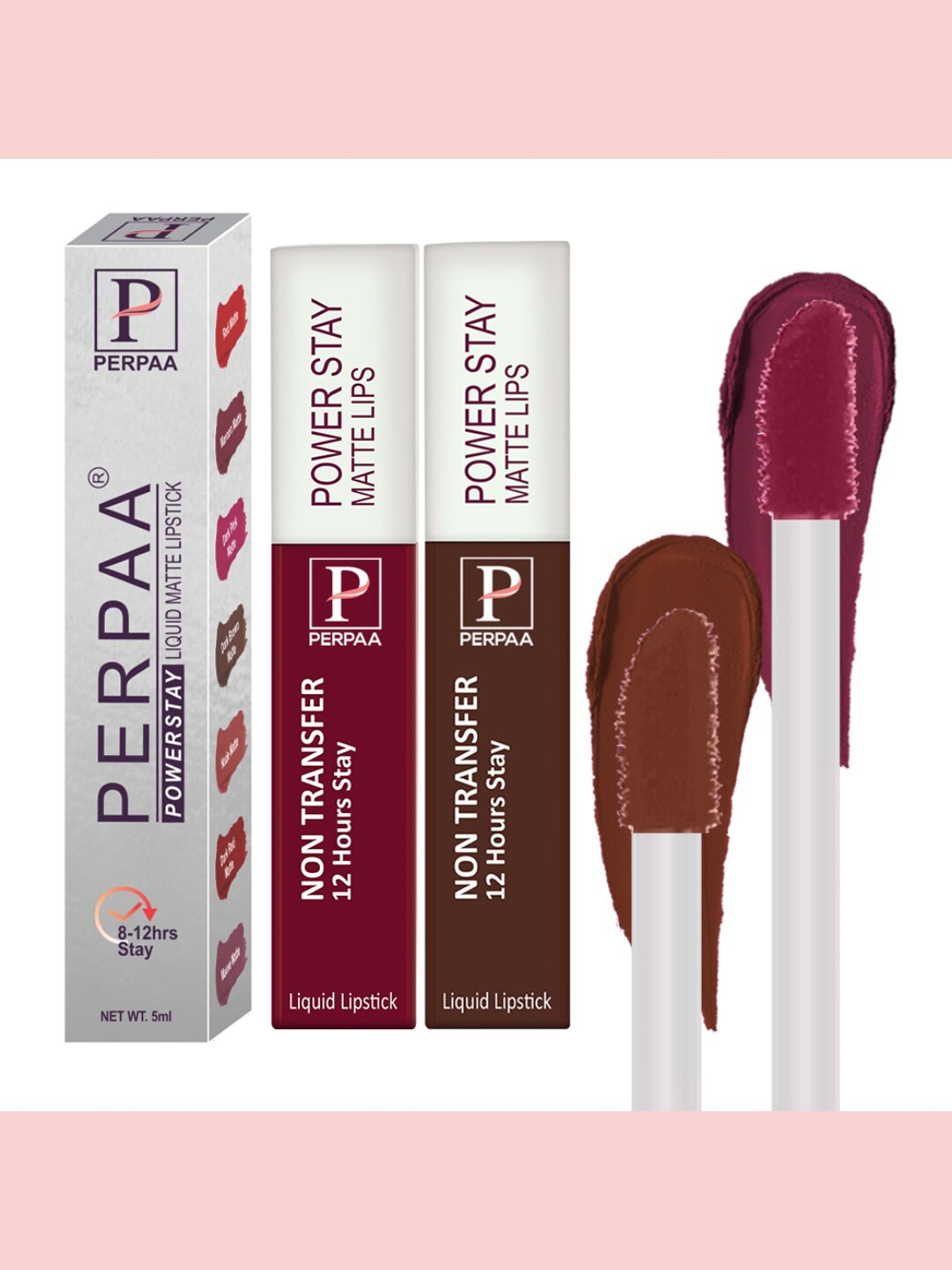 PERPAA Set of 2 Power Stay Liquid Matte Lipstick - 5ml Each - Cherry Red 09 & Brown 16