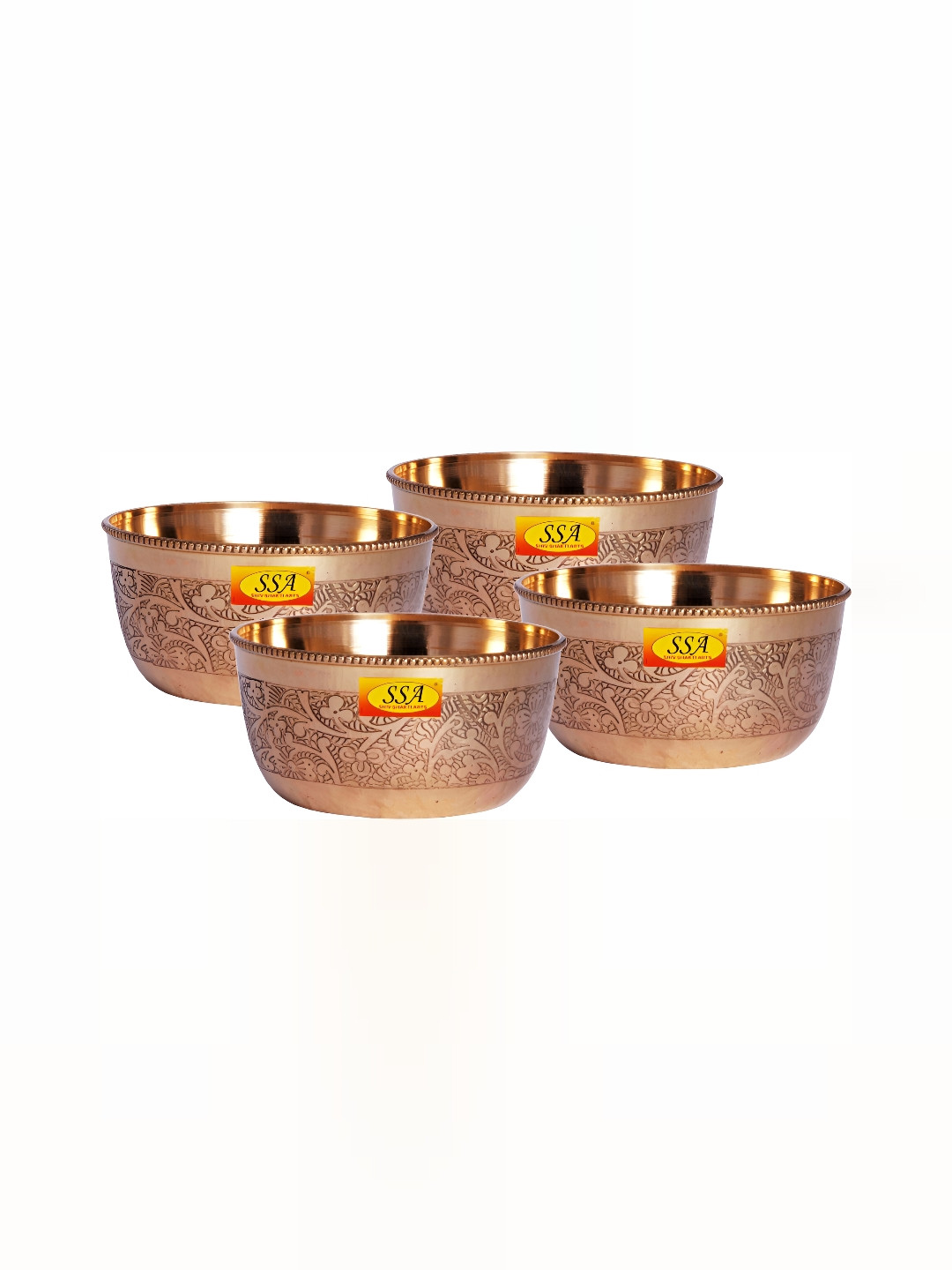 Shivshakti Arts Yellow  4 Pieces Textured Brass Glossy Heavy Gauge Embossed Bowls 150 ml