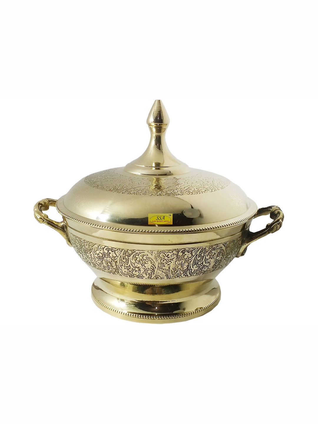 Shivshakti Arts Gold Toned 2 Pieces Floral Printed Brass Glossy Handi Pot With Lid