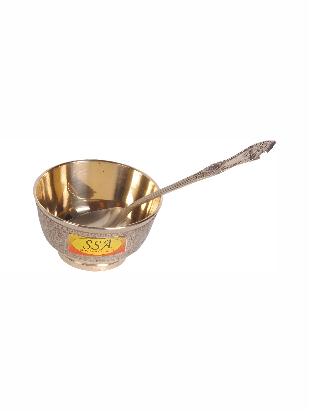 Shivshakti Arts Yellow & 2 Pieces Glossy Brass Embossed Flower Design Bowl & Spoon 150 ml