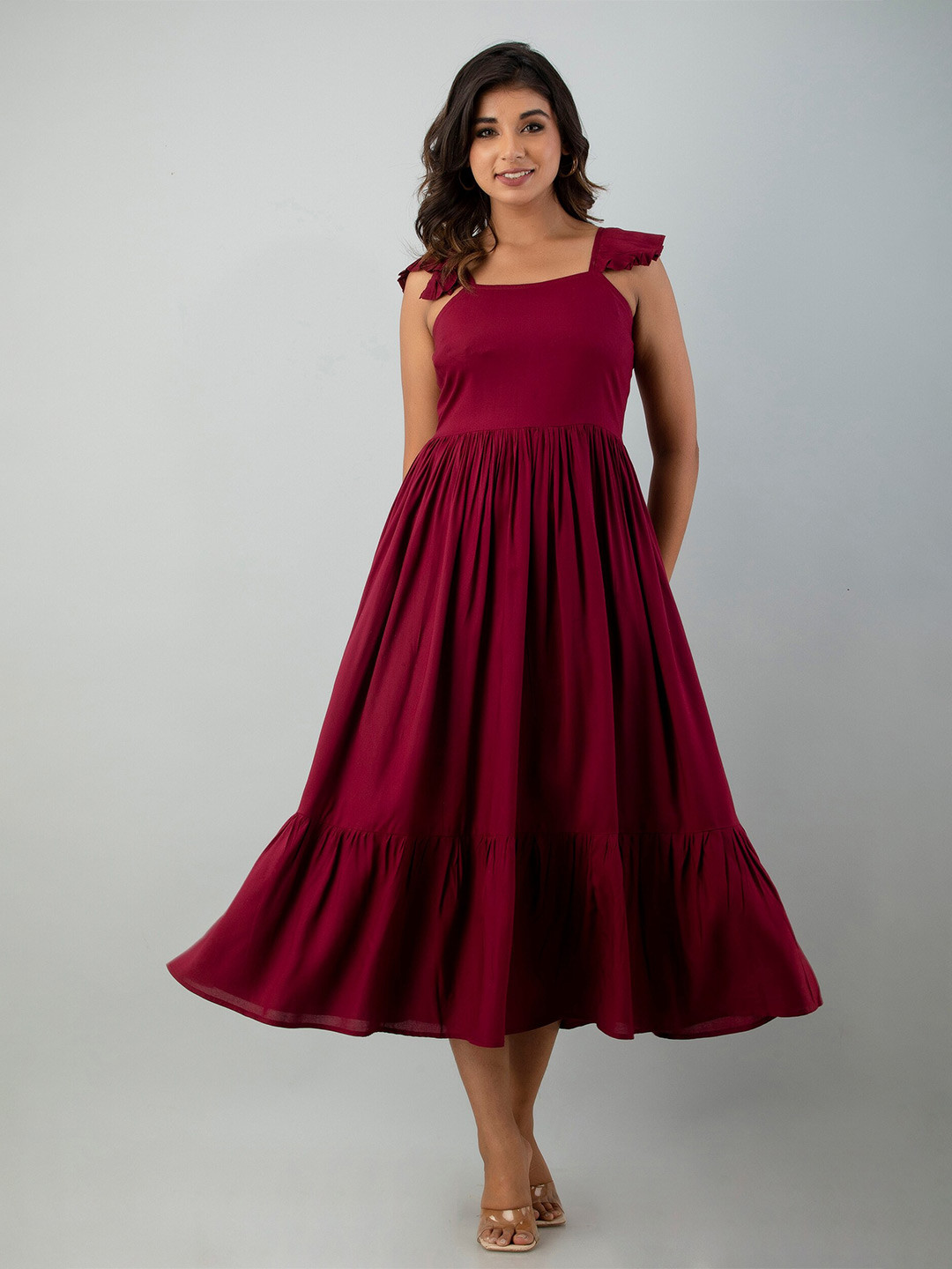 INDIANIC Ruffled Tiered Fit and Flare Midi Dress