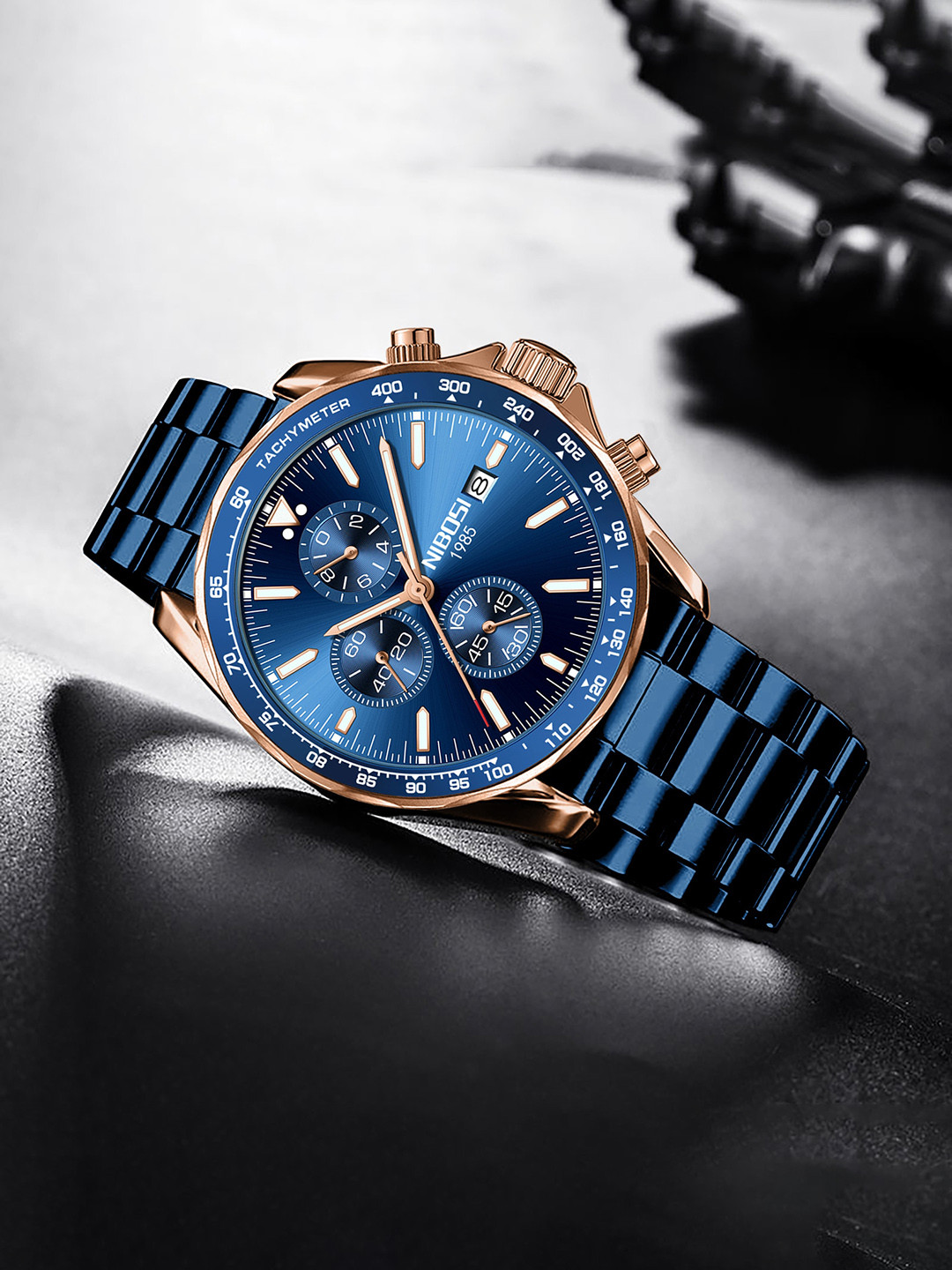 Nibosi Men Embellished Dial & Stainless Steel Analogue Watch NB-2610-M-BLU-GLD-BLU