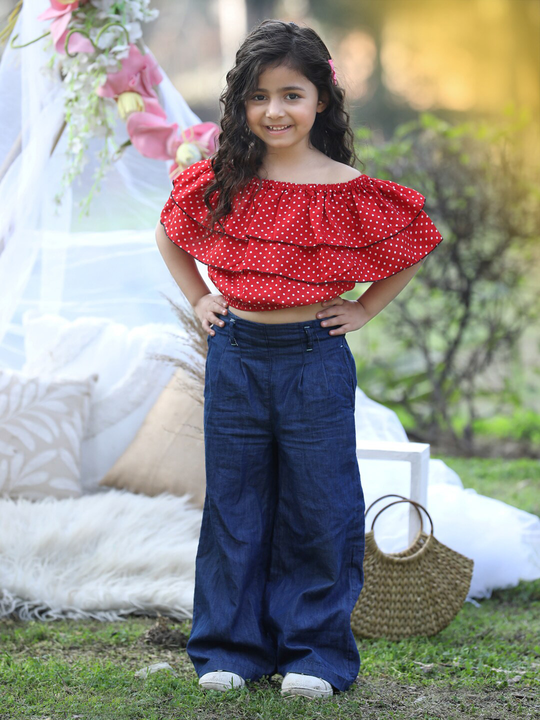Cutiekins Girls Polka Dots Printed Off Shoulder Ruffles Blouson Crop Top