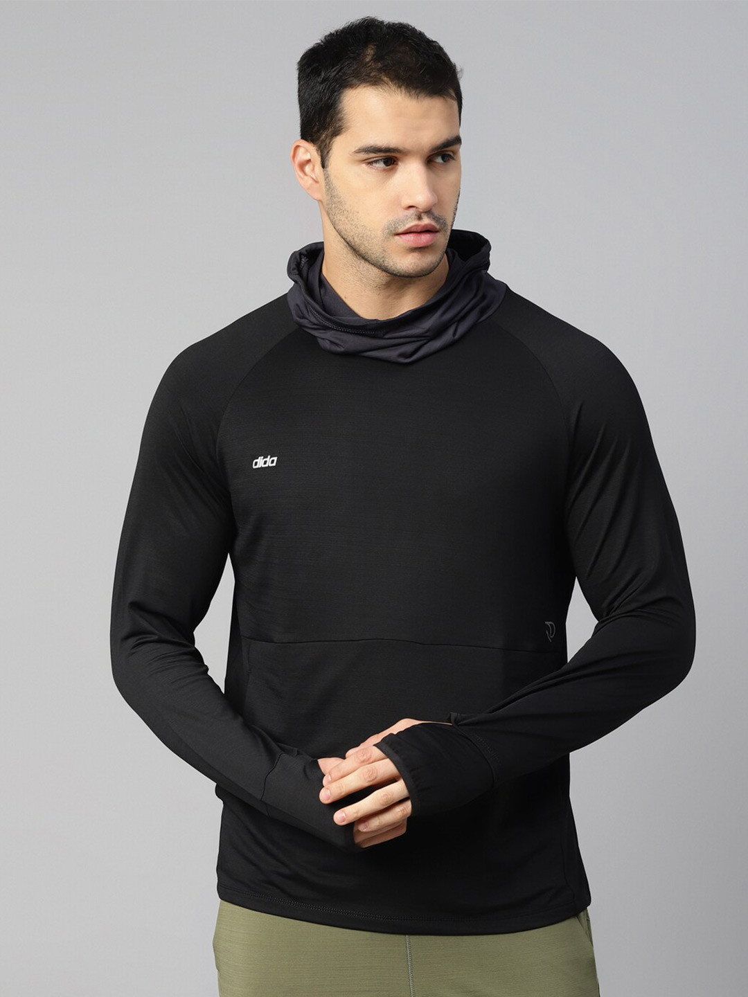 DIDA Men Quick-Dry Activewear High Turtle Neck Full-Sleeve with Gloves Sports T-Shirt