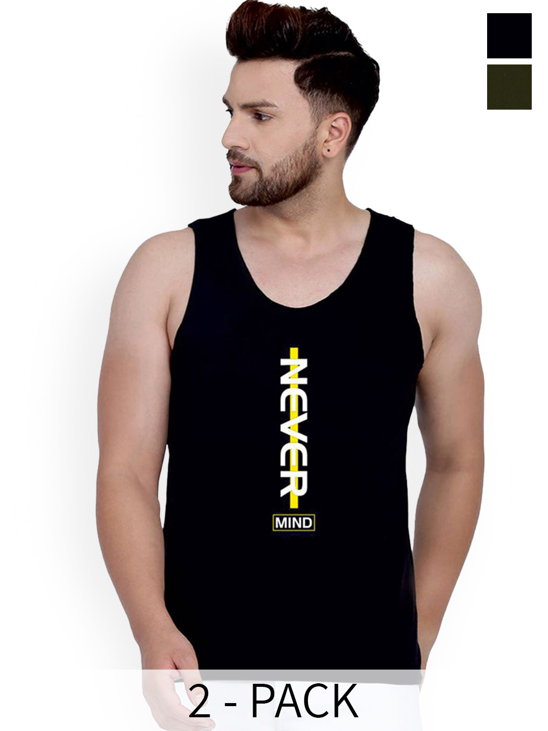 SLOWLORIS Pack Of 2 Cotton Basic Innerwear Vest SL26 ( OLIVE KEEP ) ( BLACK NVR )-BLACK