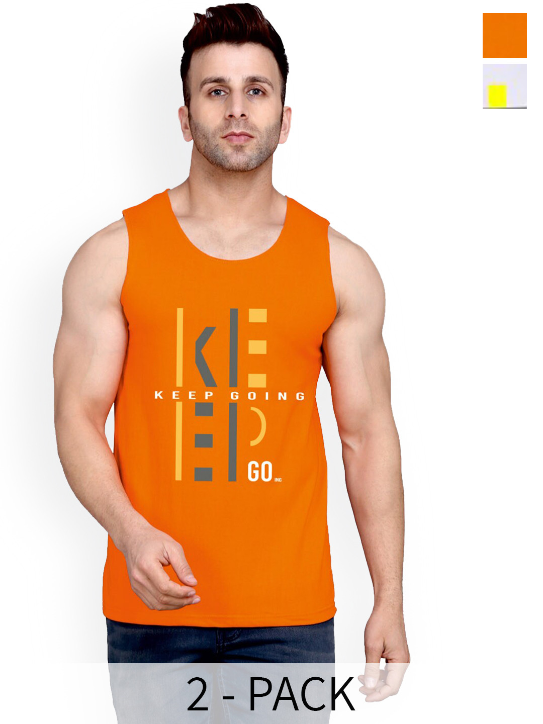 SLOWLORIS Pack of 2 Printed Cotton Innerwear Vests SL26 ( ORANGE KEEP ) ( WHITE NVR )