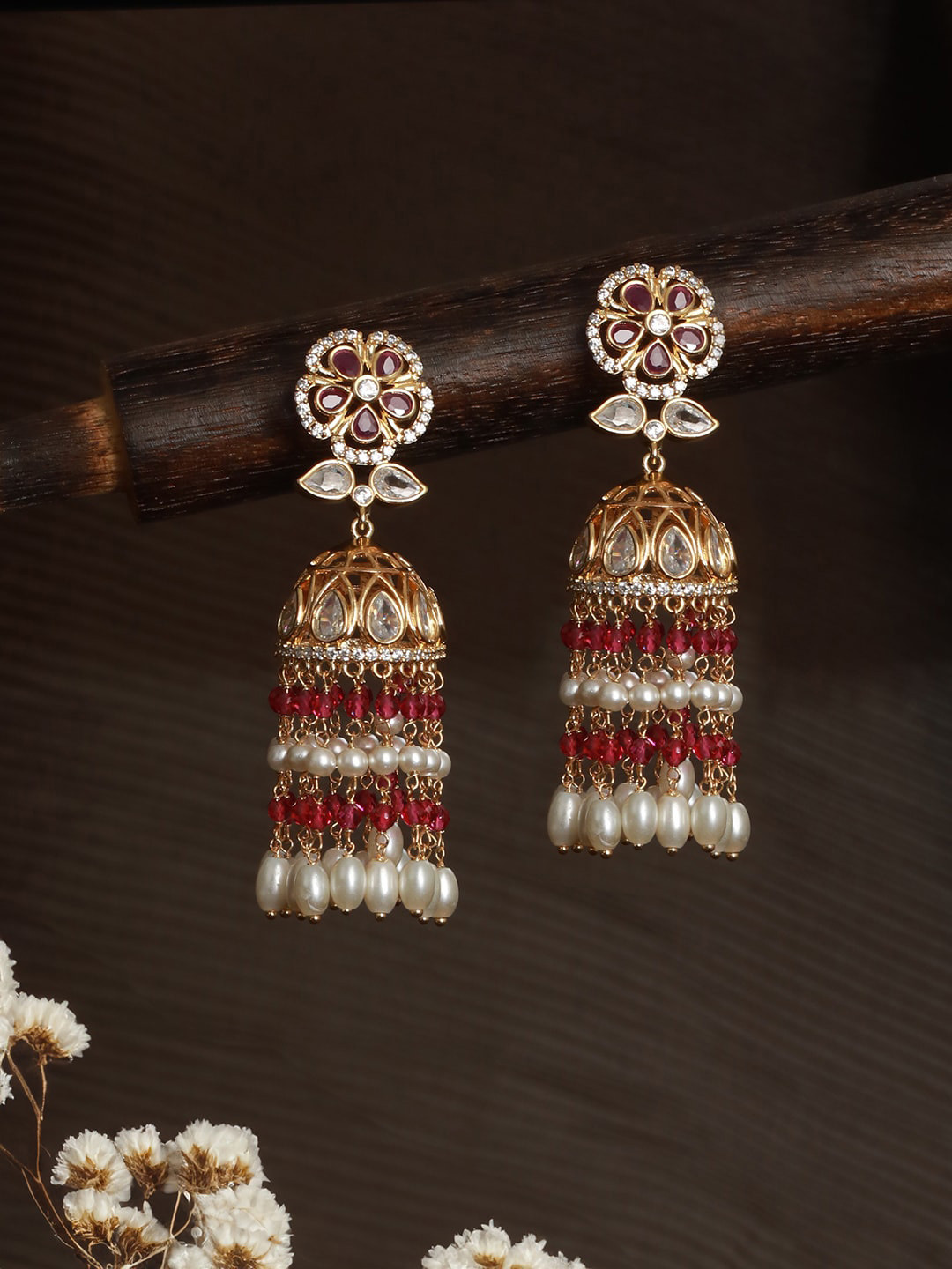 Saraf RS Jewellery Gold-Plated American Diamond Studded & Pearl Beaded Jhumkas