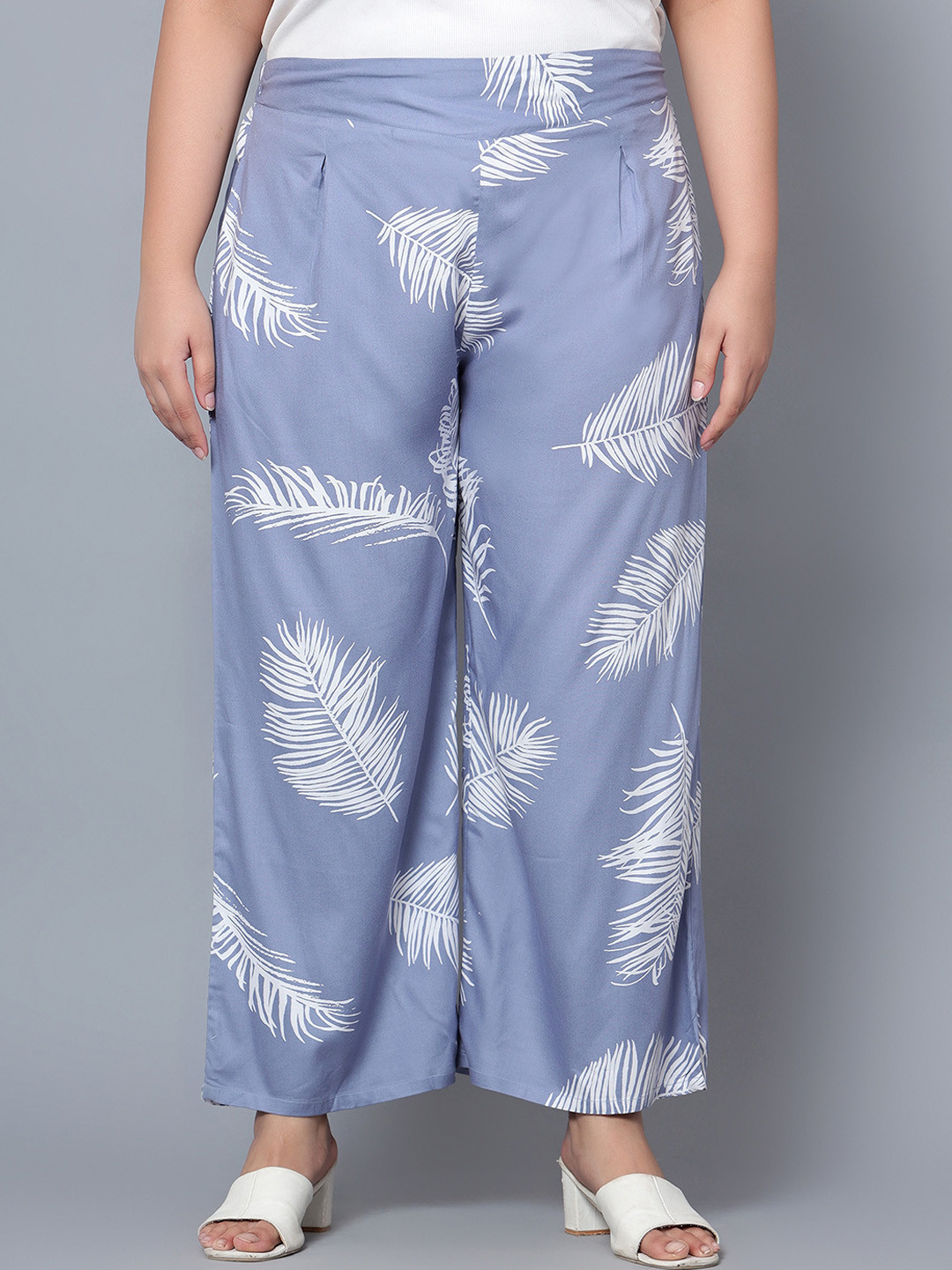 Indietoga Women's Plus Size Blue Print Viscose Rayon Trousers with Pockets