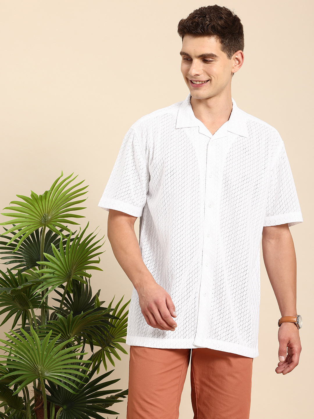 Mast & Harbour Semi Sheer Cuban Collar Relaxed Fit Casual Shirt