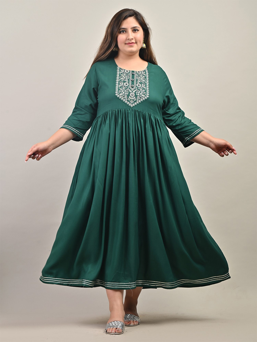 KALINI Plus Size Floral Embroidered Yoke Design Mirror Work Fit & Flare Maxi Ethnic Dress