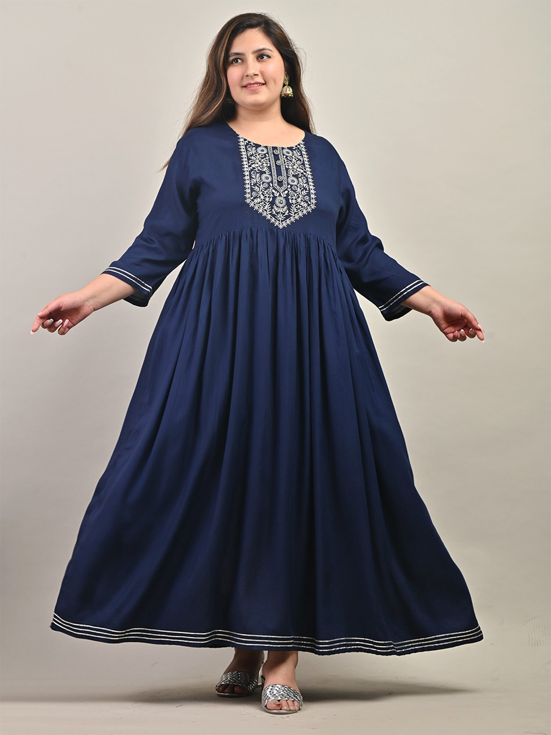 KALINI Plus Size Floral Embroidered Yoke Design Mirror Work Fit & Flare Maxi Ethnic Dress