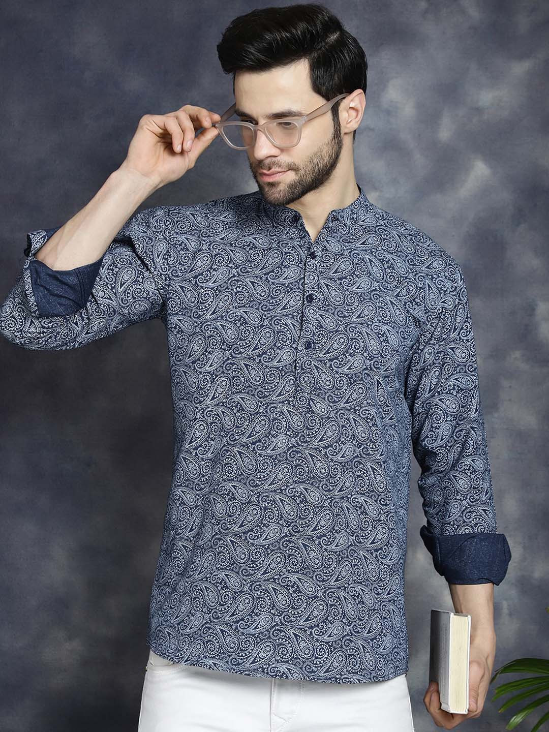 Anouk Navy Blue Paisley Printed Mandarin Collar Straight Short Kurta