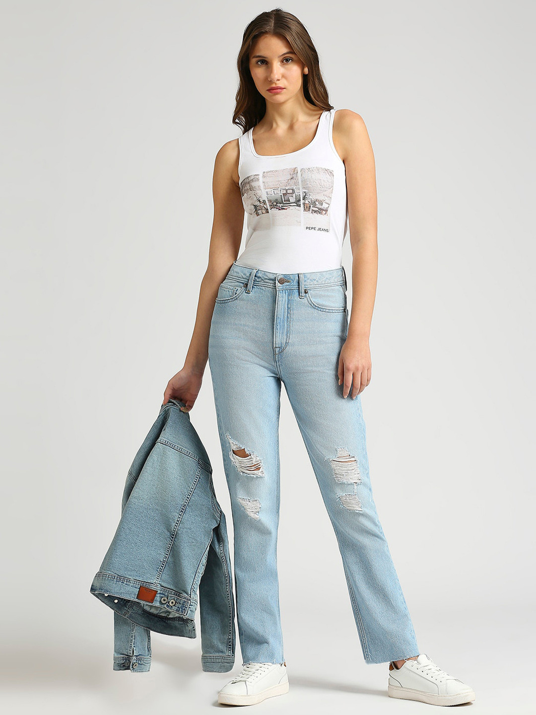 Pepe Jeans Women Straight Fit High-Rise Highly Distressed Pure Cotton Light Fade Jeans