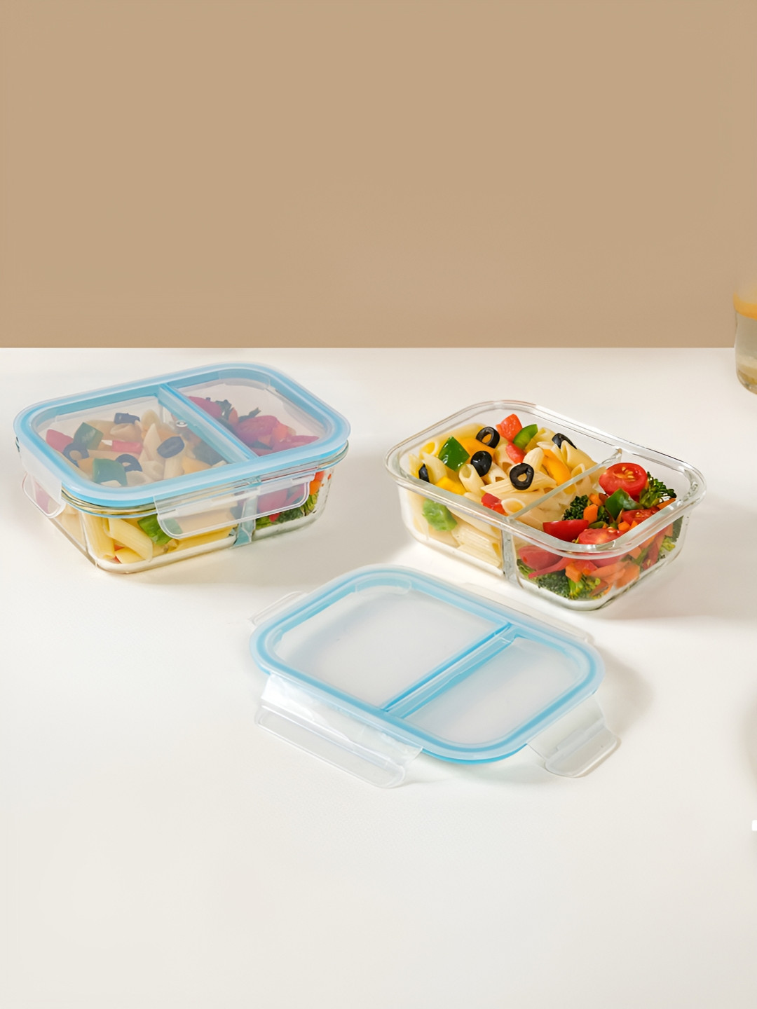 Nestasia Transparent & Blue Glass Microwave Safe Lunch Box 600 ml