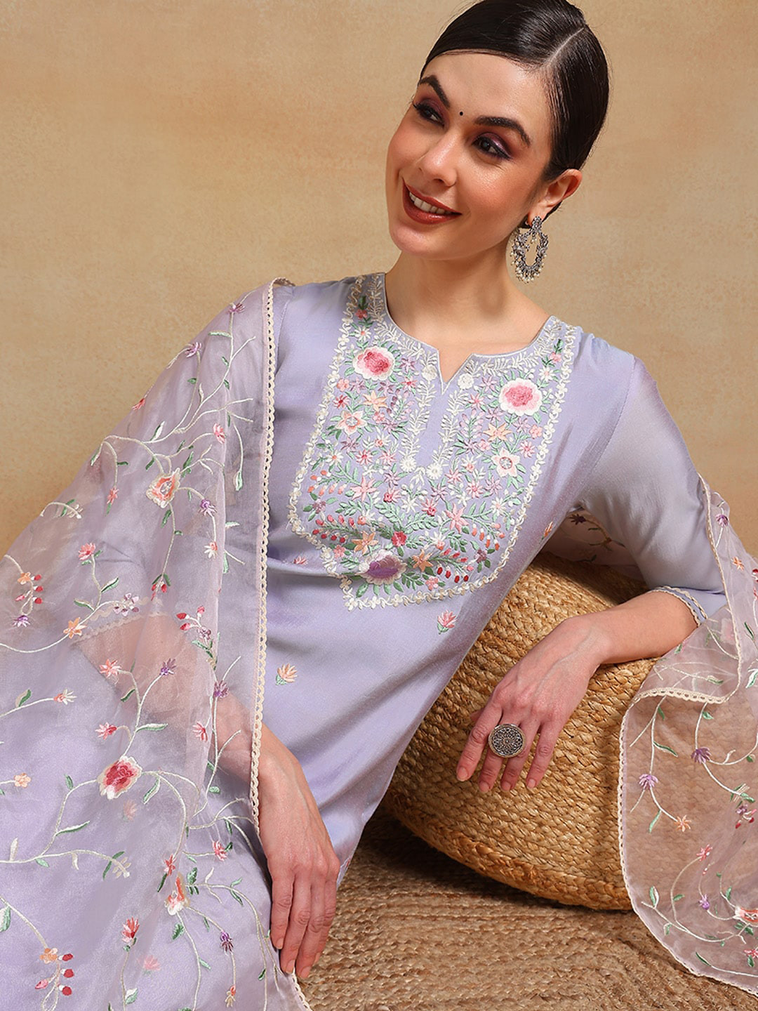 AHIKA Lavender Floral Embroidered Regular Thread Work Kurta With Trousers & Dupatta