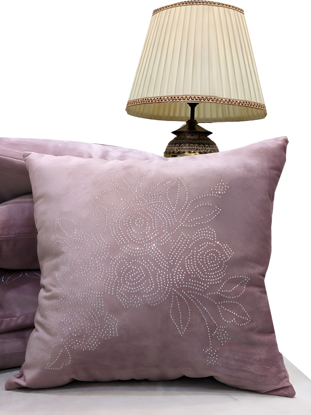 Good Vibes Pink Floral Suede Washable 5 Piece Embellished Square Cushion Covers -16x16In