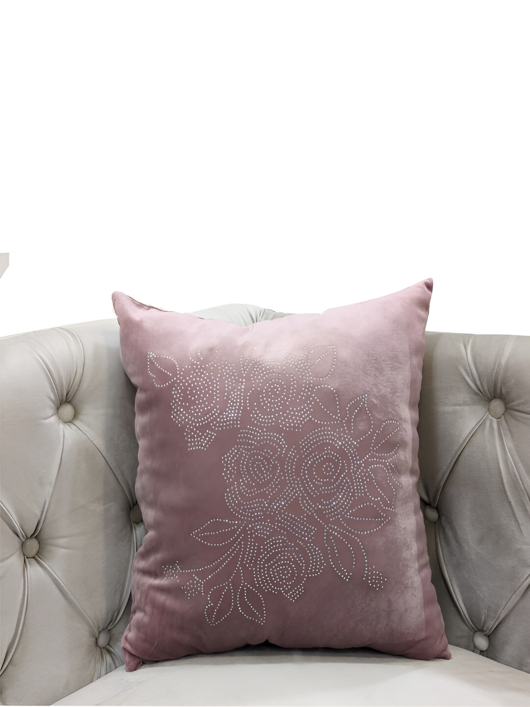 Good Vibes Pink & Silver Toned Floral Embellished Velvet Square Cushion Cover