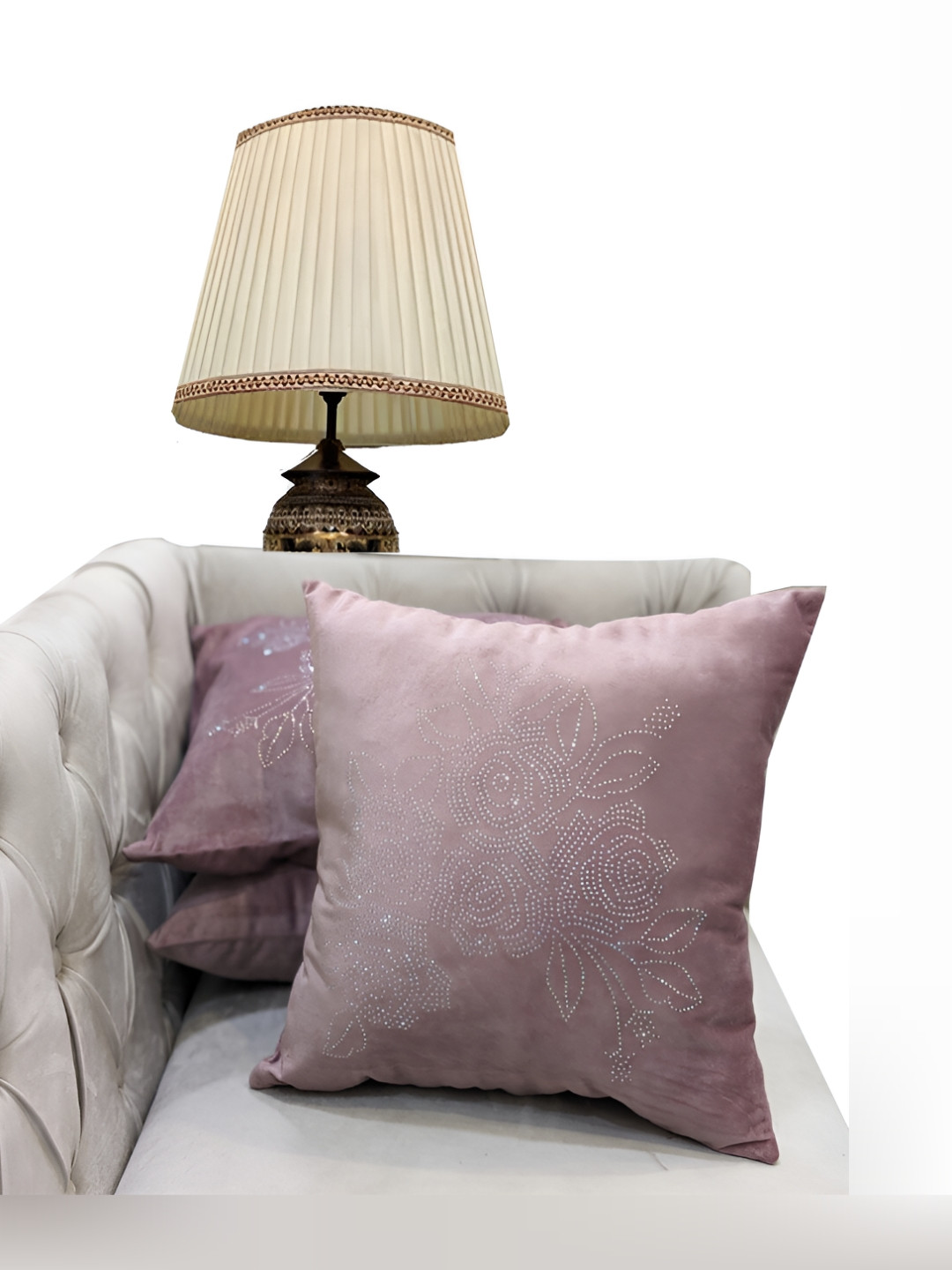 Good Vibes Pink & Silver Toned 2 Pieces Floral Embellished Velvet Square Cushion Covers