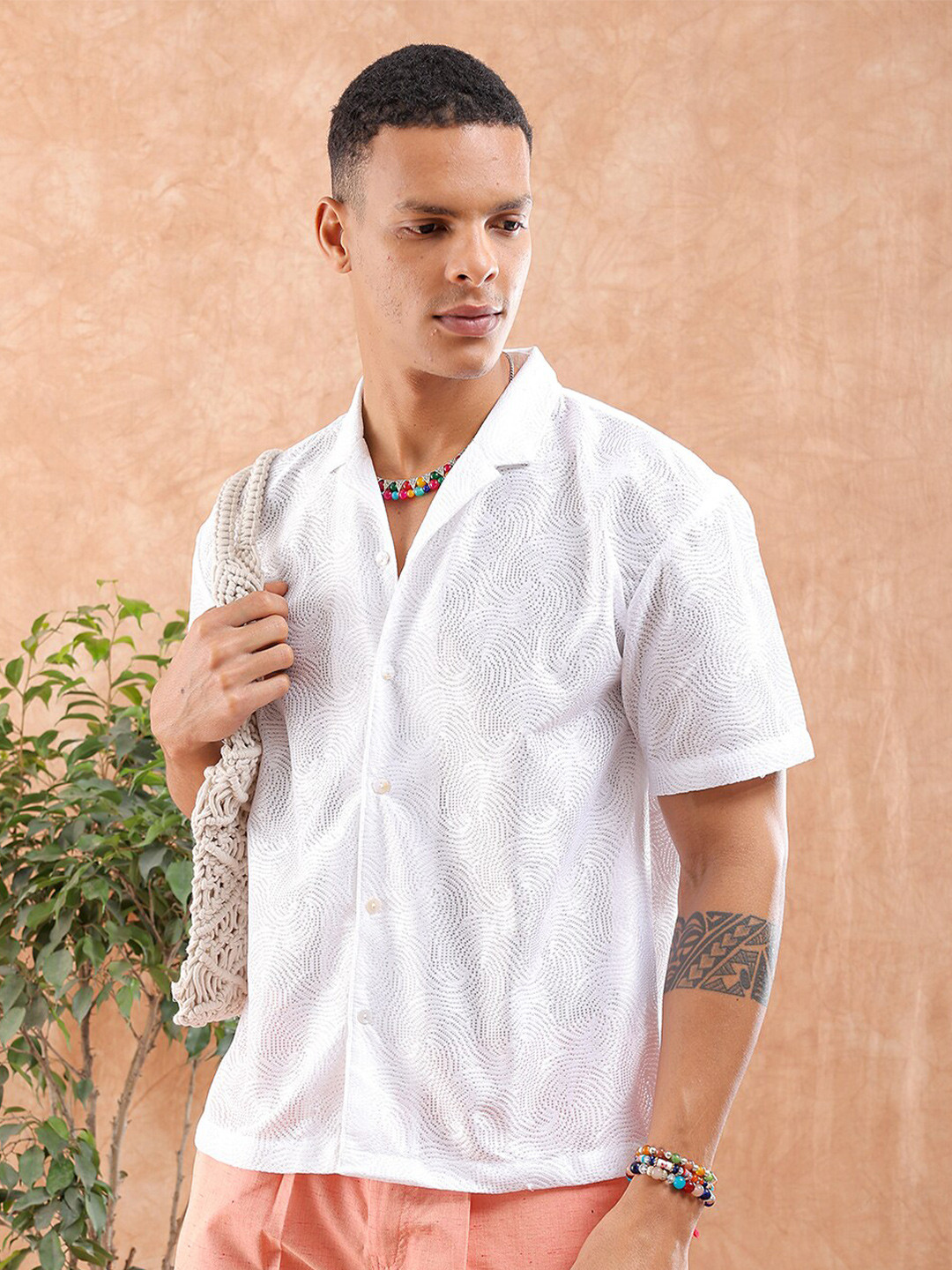 The Indian Garage Co Men Relaxed Fit Solid Warp Knit Lace Resortwear Shirt