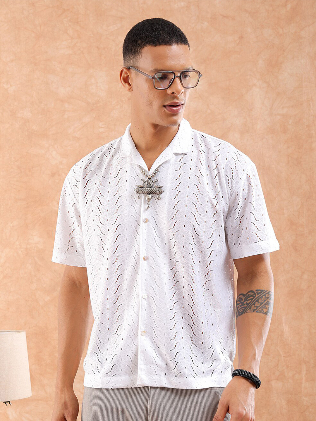 The Indian Garage Co Men Warp Knit Lace Resortwear Oversized Shirt