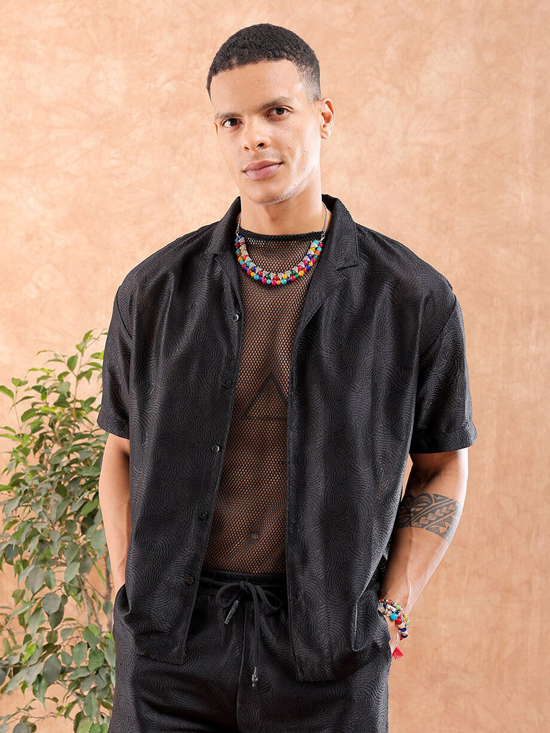 The Indian Garage Co Men Relaxed Fit Warp Knit Lace Resortwear Shirt