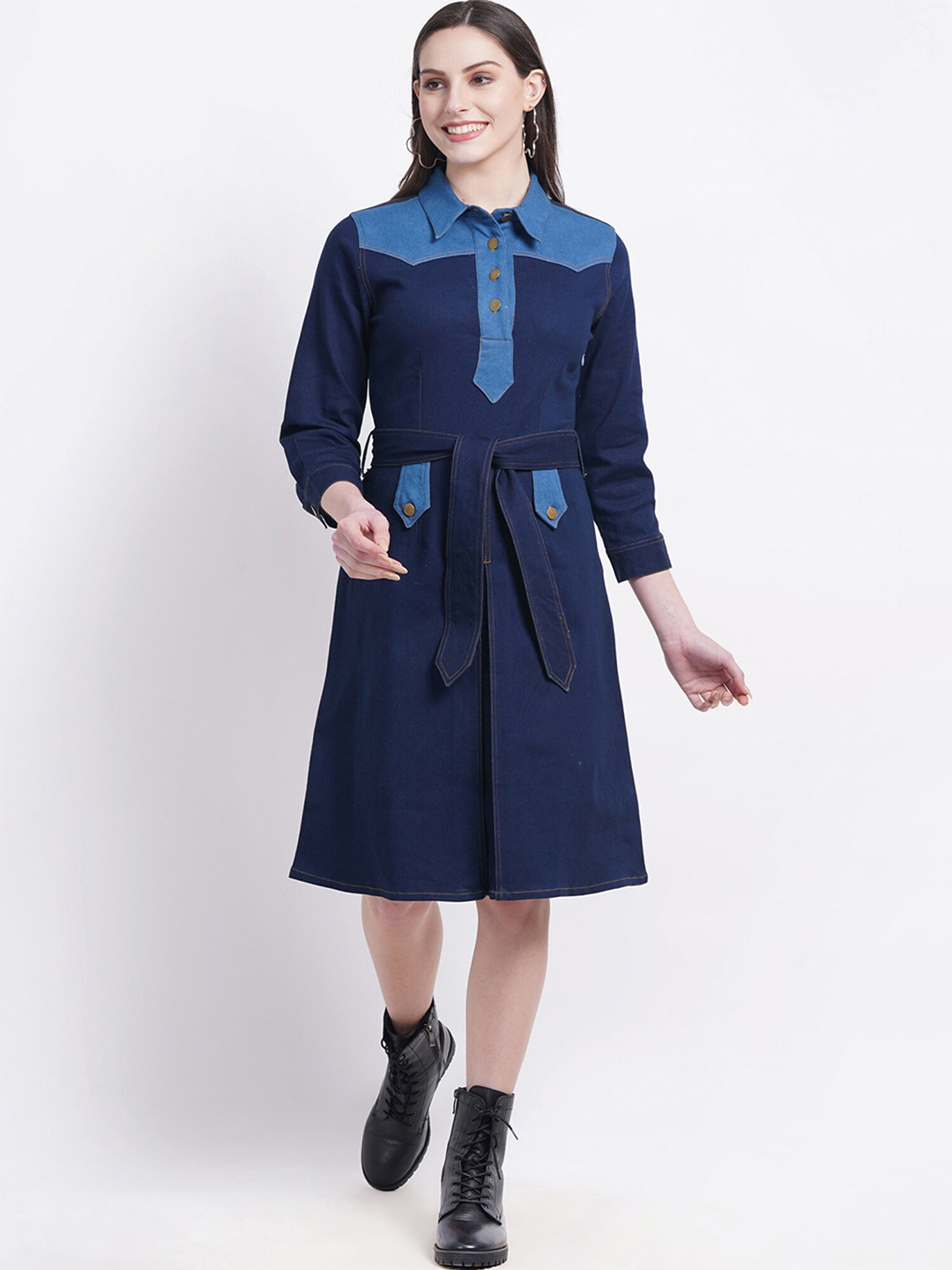 SUMAVI-FASHION Cuffed Sleeves Pure Cotton Denim Shirt Style Dress