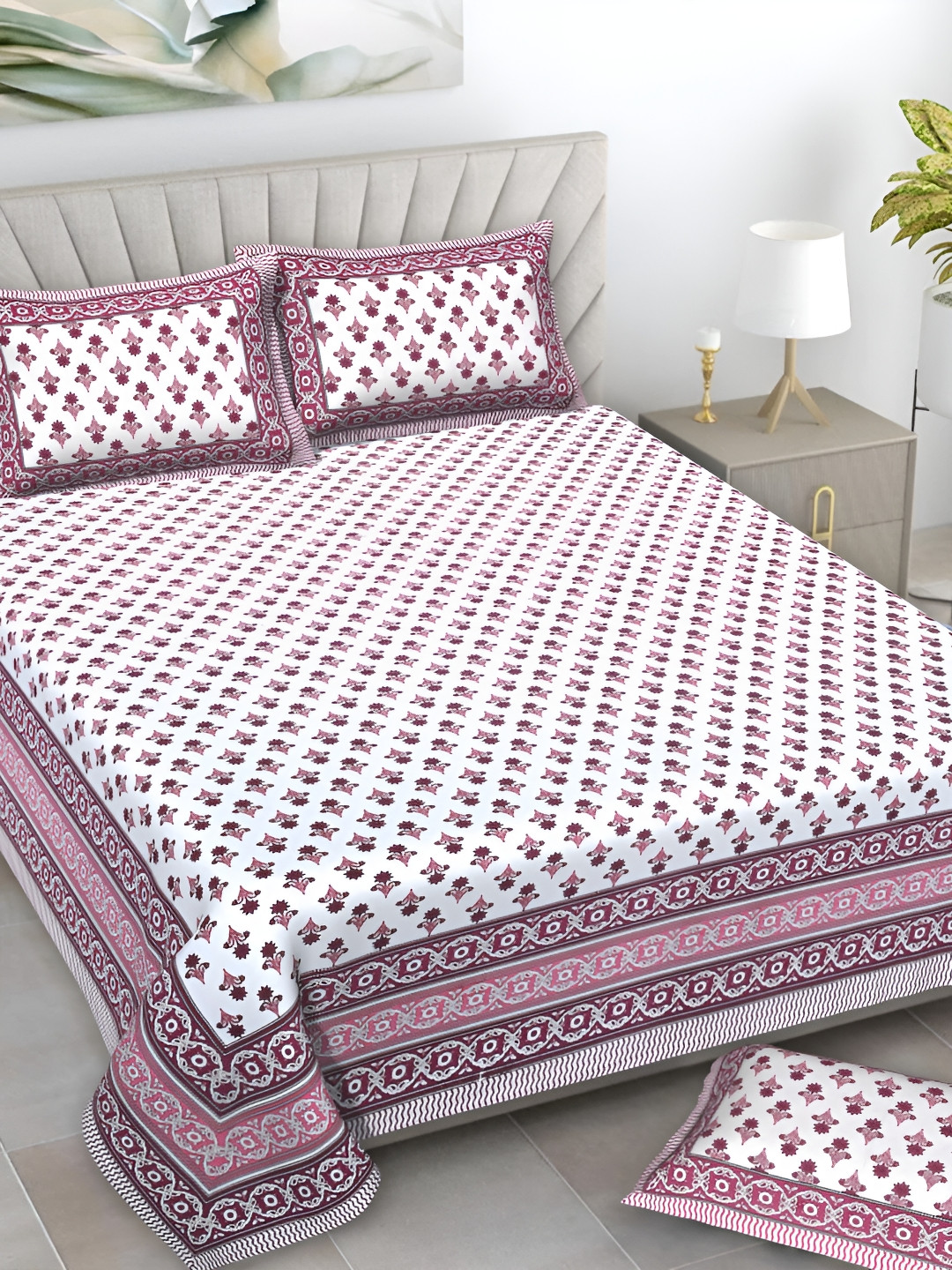 Serene Decor White & Pink Floral Cotton 160 TC King Bedsheet With 2 Pillow Covers