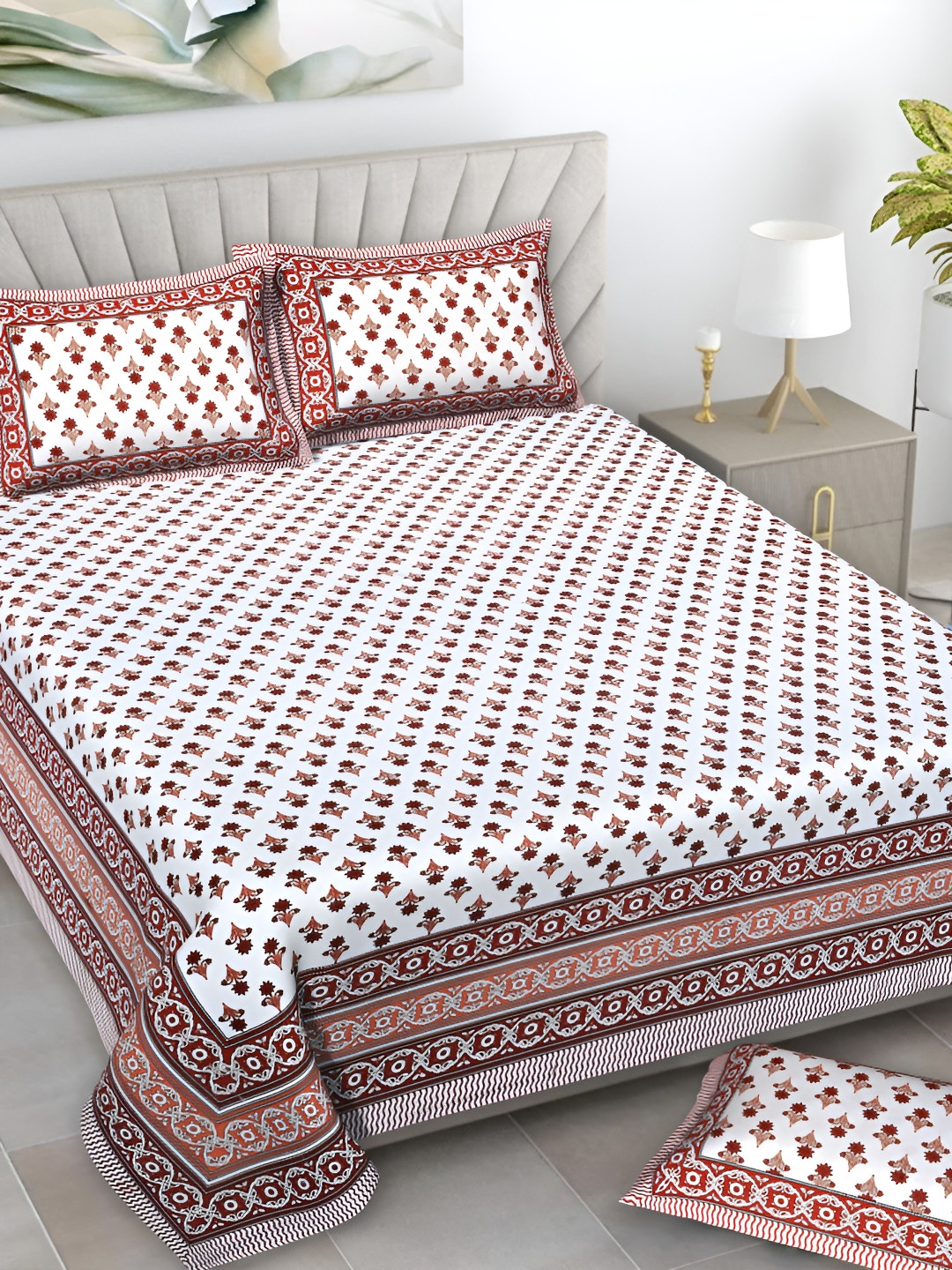 Serene Decor Brown Ethnic Motifs Pure Cotton 160 TC King Bedsheet with 2 Pillow Covers-90 x 108 inches