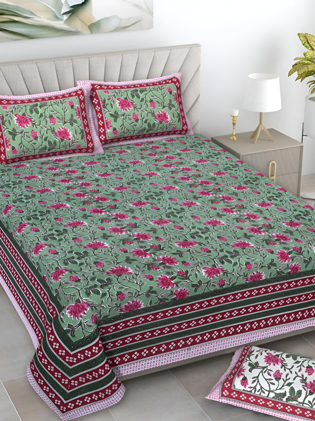 Serene Decor Green Floral Pure Cotton 160 TC King Bedsheet with 2 Pillow Covers-90 x 108 inches