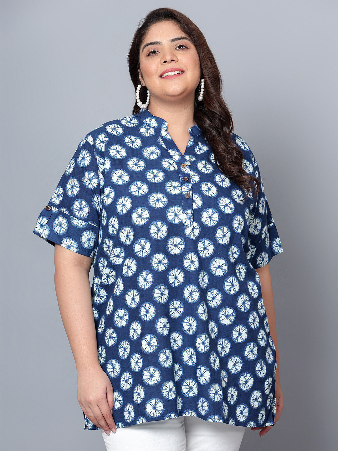 Indietoga Plus Size Geometric Print Mandarin Collar Cotton Longline Tunic Tops