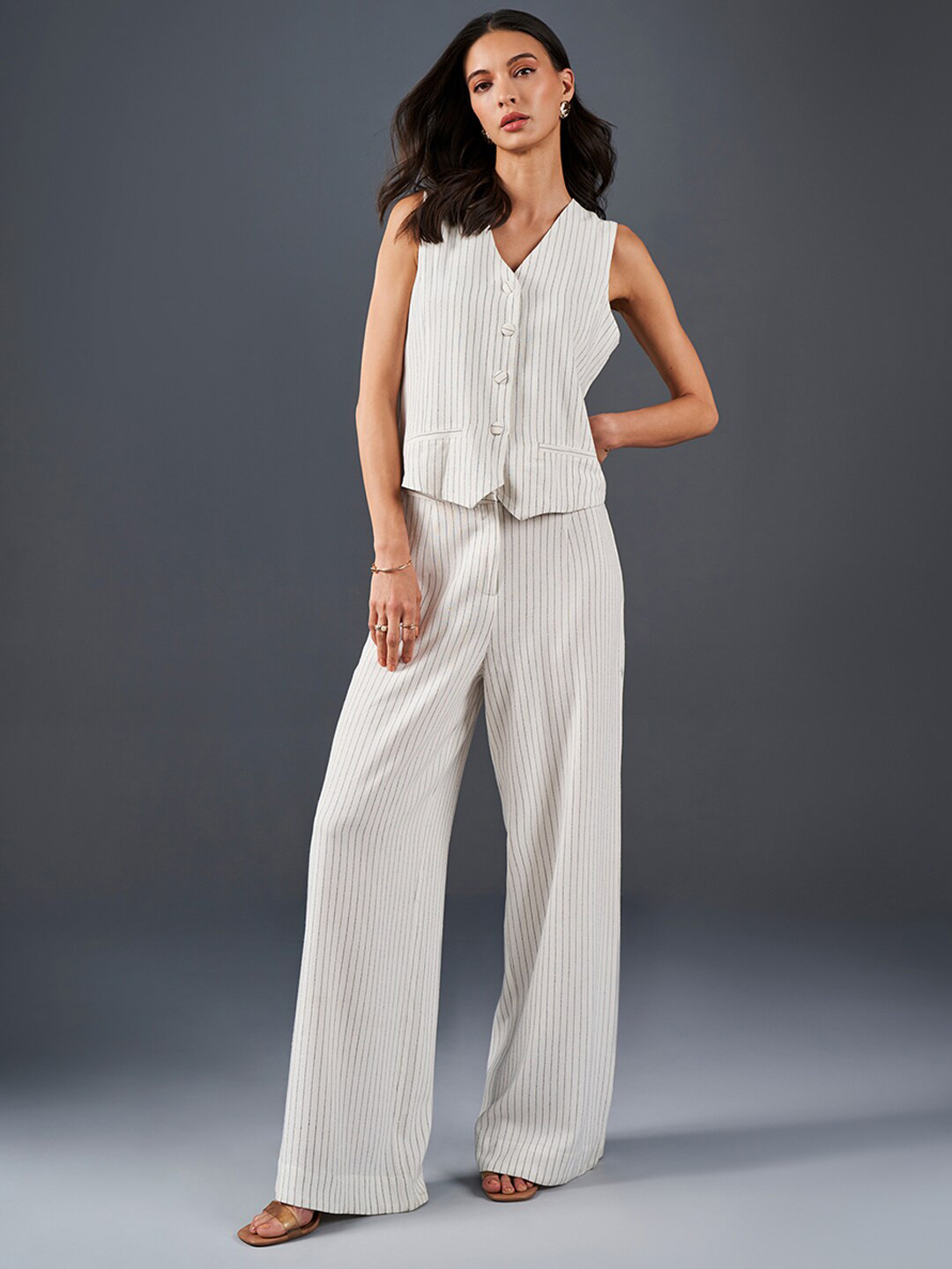 AND Striped V-Neck Sleeves Pure Cotton Shirt & Trouser