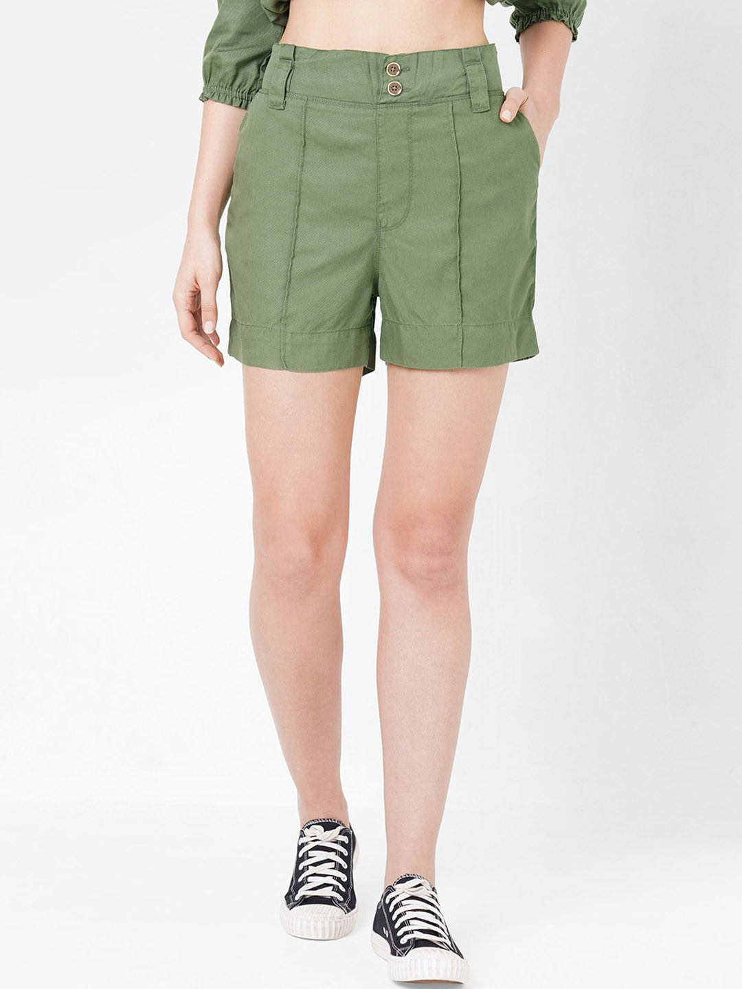Olive Green Solid High-Rise Regular Fit Shorts