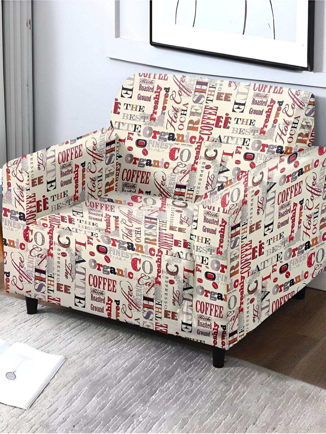 Cortina Cream & Red Printed Single Seater Sofa Cover