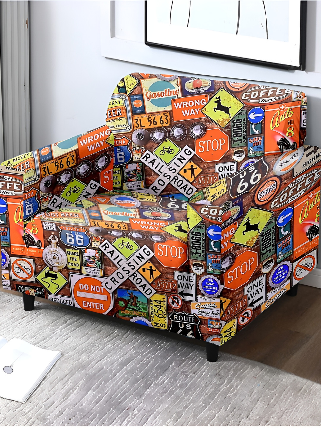 Cortina Brown & Orange Printed 1 Seater Sofa Cover With Arms