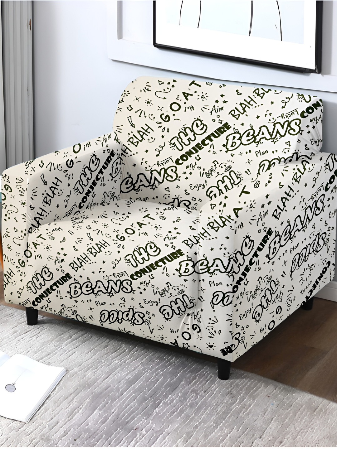 Cortina Off White & Black Printed Single Seater Sofa Cover