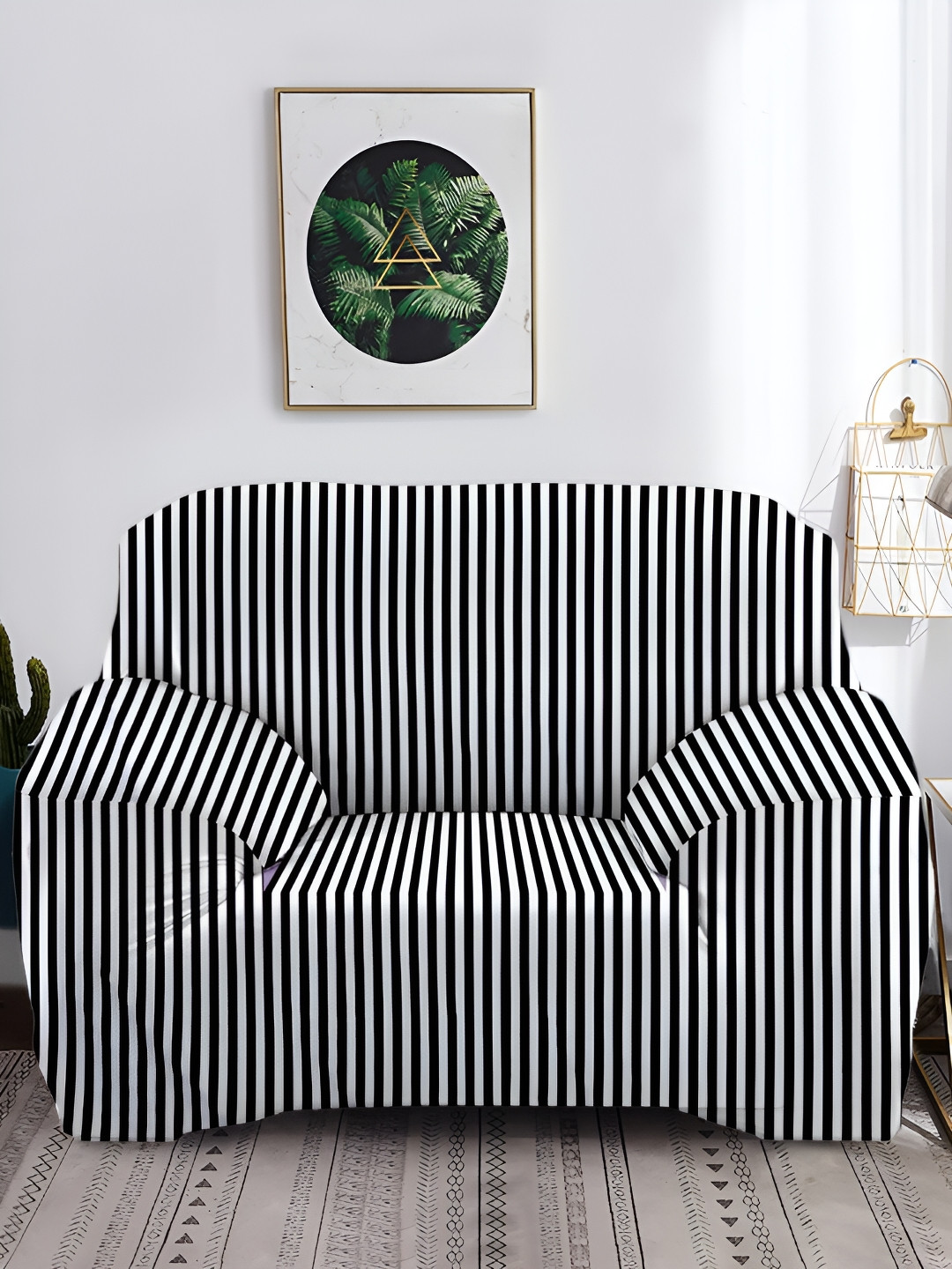 Cortina White & Black Striped Printed Single Seater Sofa Cover With Arms