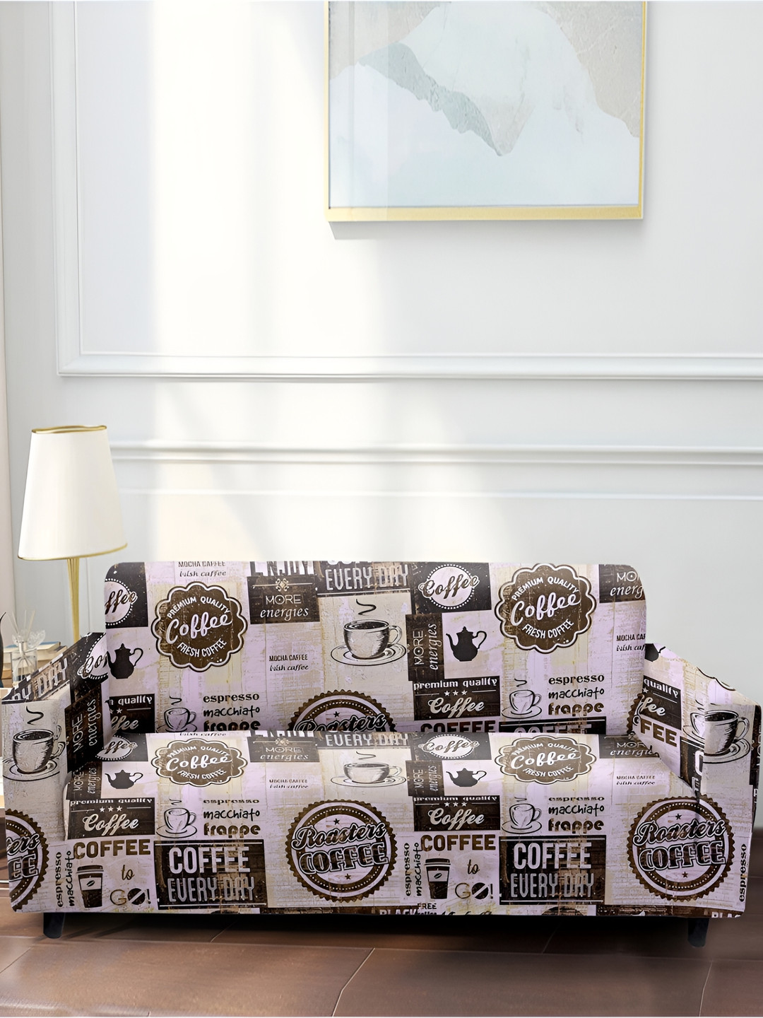 Cortina White & Pink Printed 2 Seater Sofa Cover With Arms