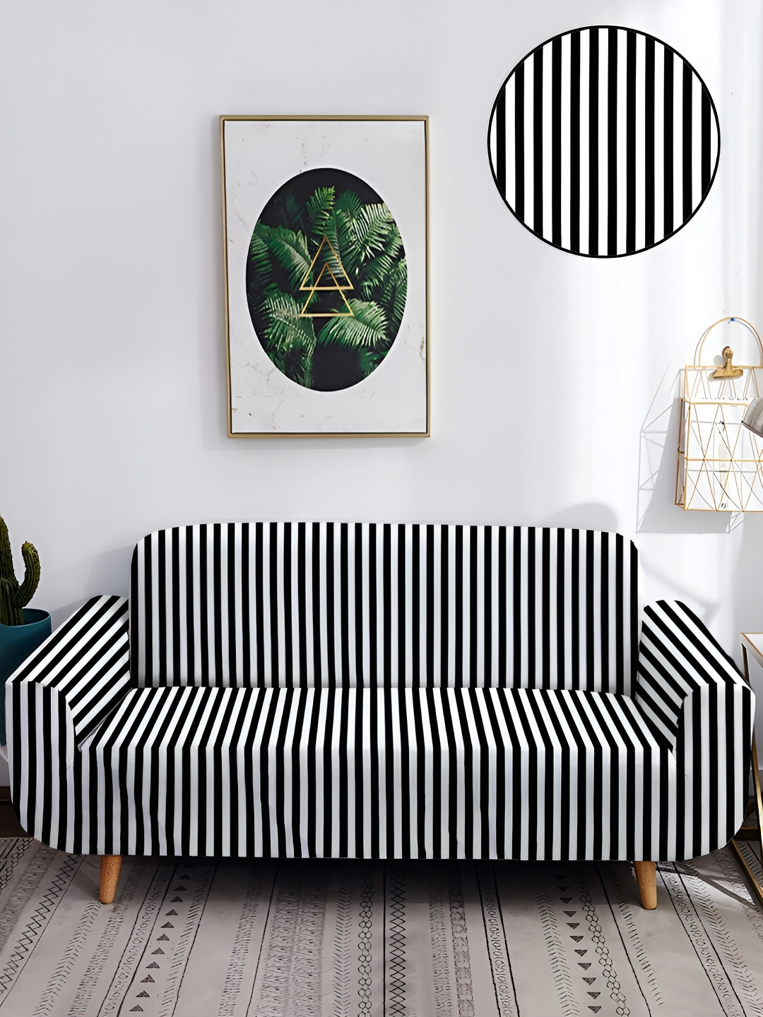 Cortina White & Black Printed Sofa Cover With Arms