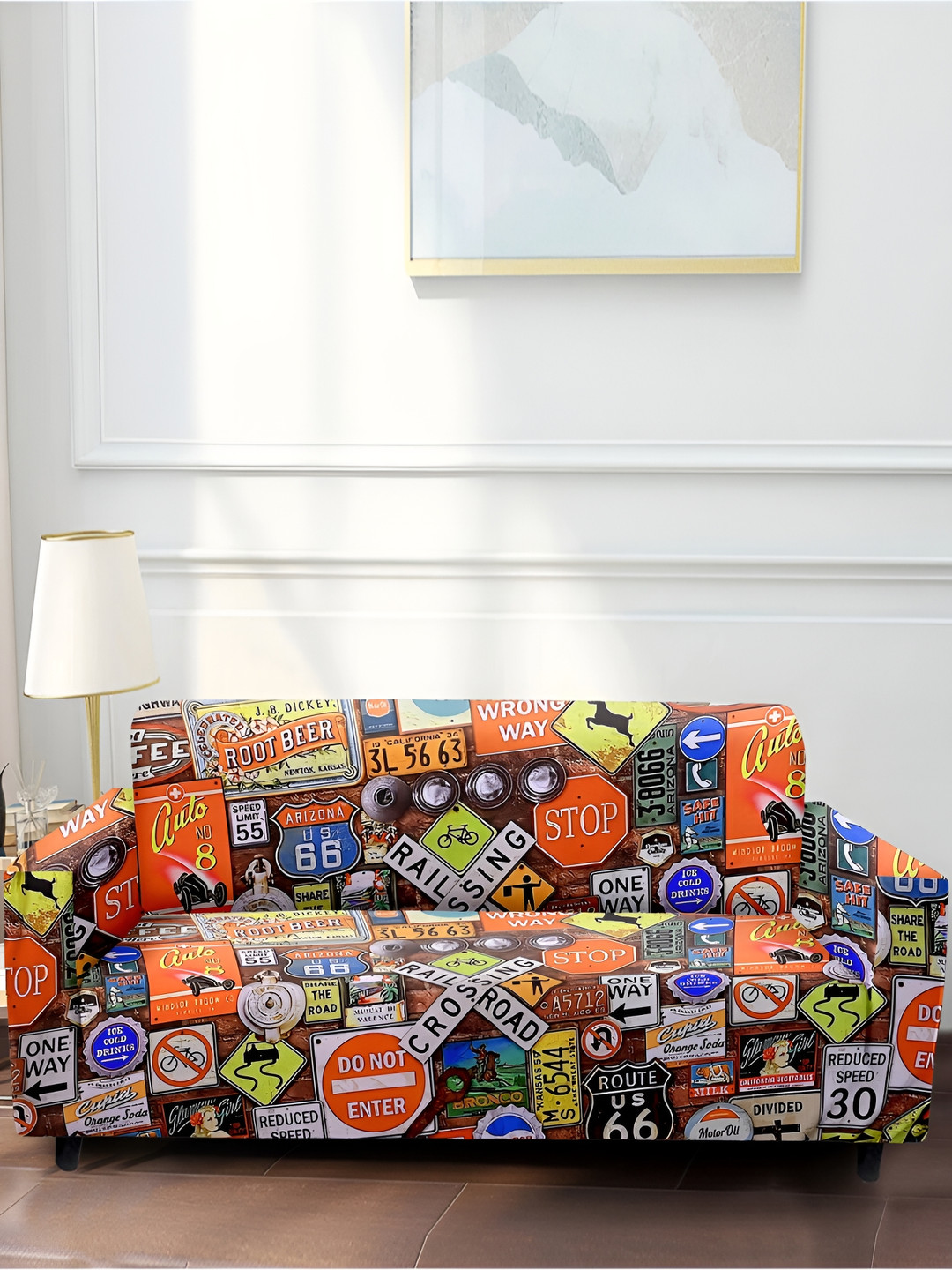 Cortina Brown & Orange Printed 3 Seater Sofa Cover With Arms