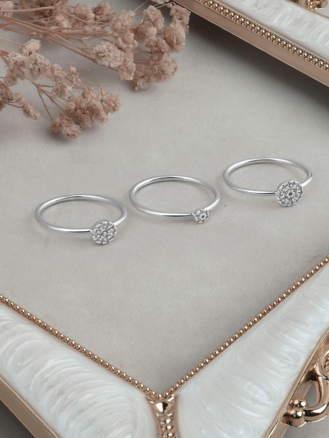 Accessorize London Set of 3 Women Silver Plated Cubic Zirconia Rings