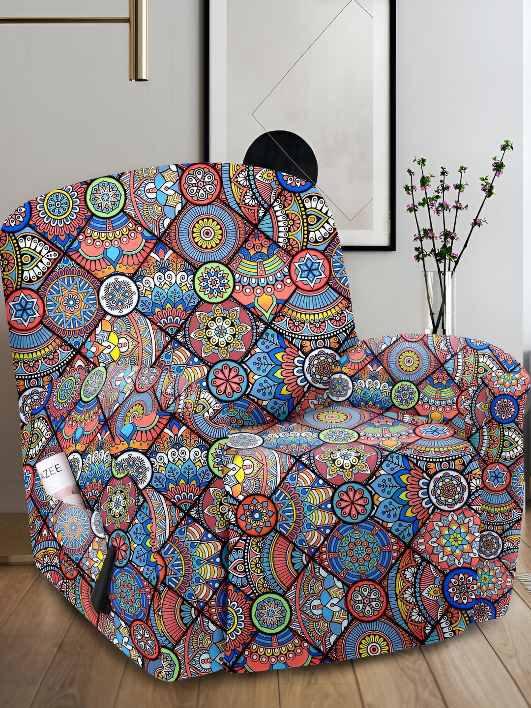 Cortina Blue & Pink Ethnic Motifs Printed Single Seater Recliner Cover