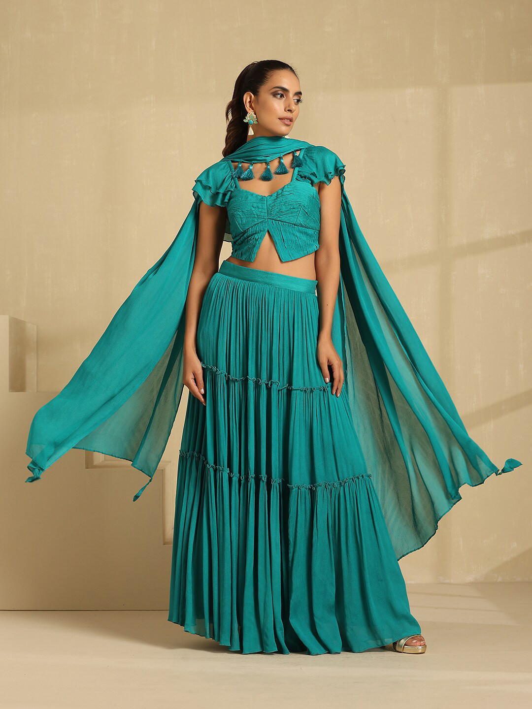 indy Raaga Teal Grean Lehenga with Choker Necklace Dupatta