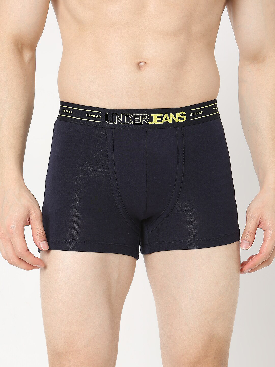 UnderJeans by Spykar Brand Logo Printed Outer-Elastic Short Trunk UJNPTS064Navy