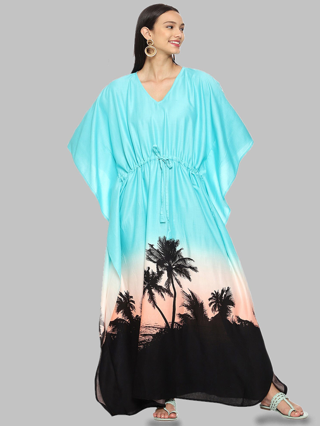 CRAFTBAZAR Tropical Printed Kimono Sleeves Kaftan Dress