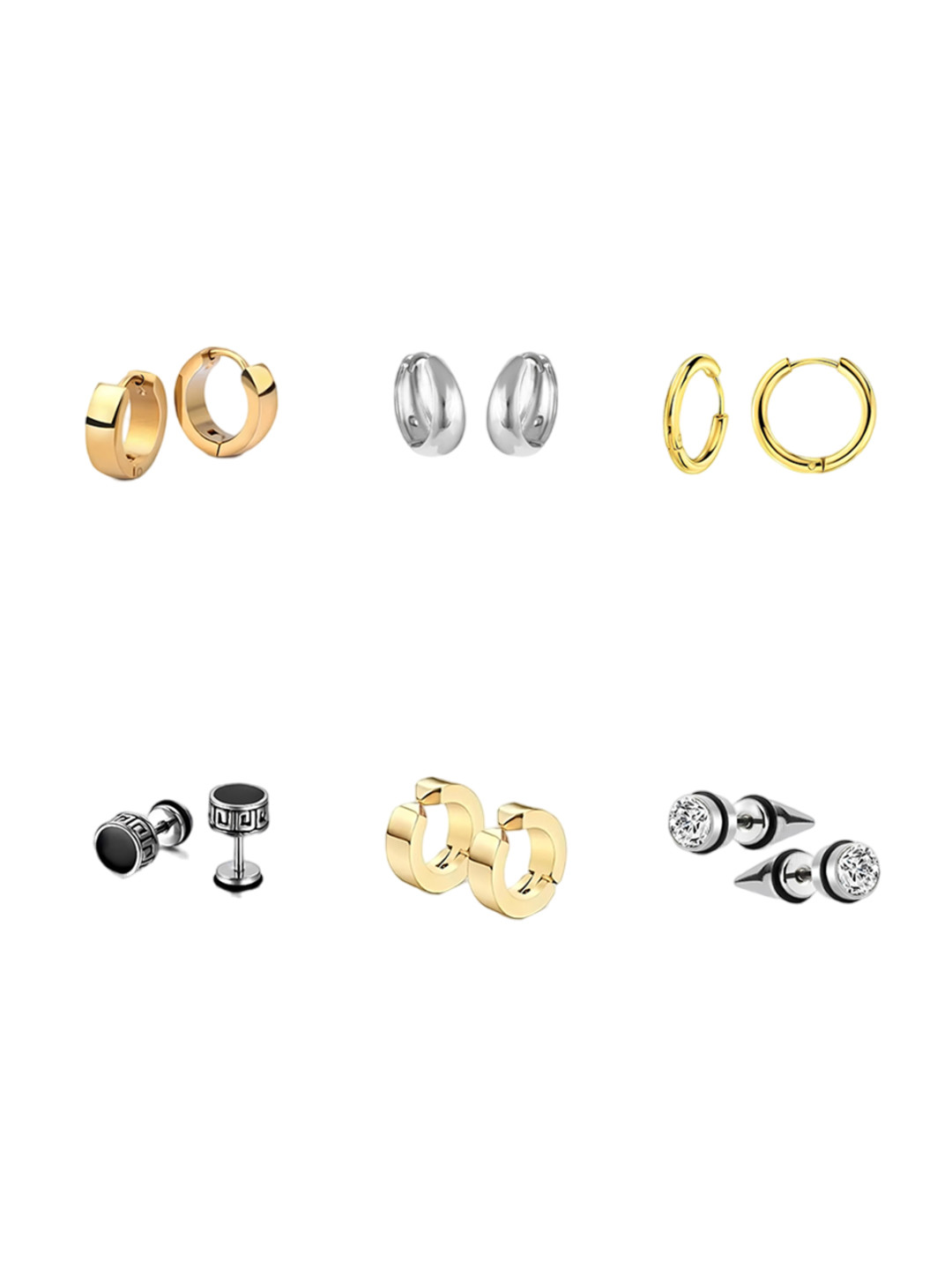KARISHMA KREATIONS Men Set Of 6 92.5 Stainless Steel Gold-Plated Cubic Zirconia Studs Earrings